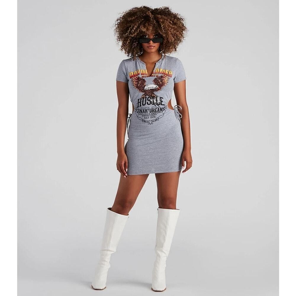 Windsore Daydream Graphic Cutout Tunic Top T-shirt Mini Dress Gray Size M
